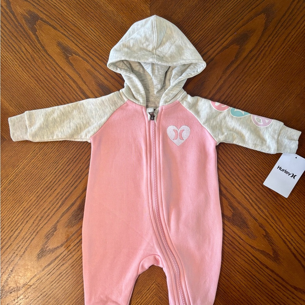 Hurley Pink and Gray Hooded Baby Onesie